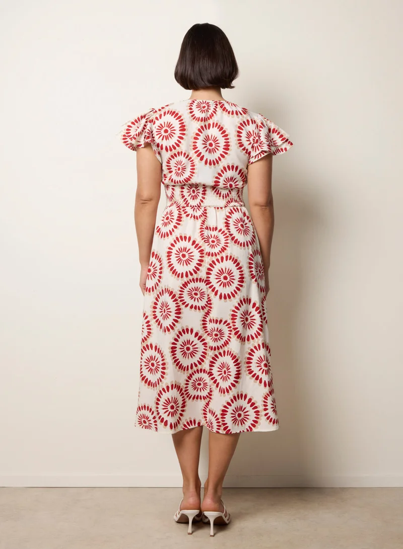 بلو فانيلا V Neck Frill Sleeve Printed Midi Dress